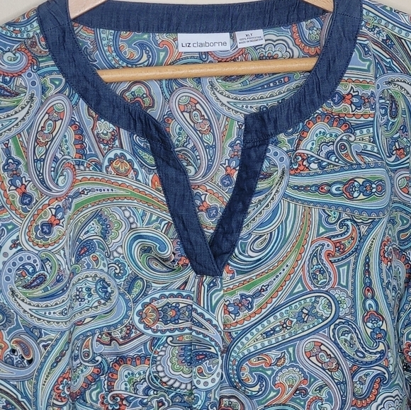 Liz Claiborne | Tall Colorful Paisley Print Long Sleeve Popover Blouse Size XLT - Picture 2 of 6